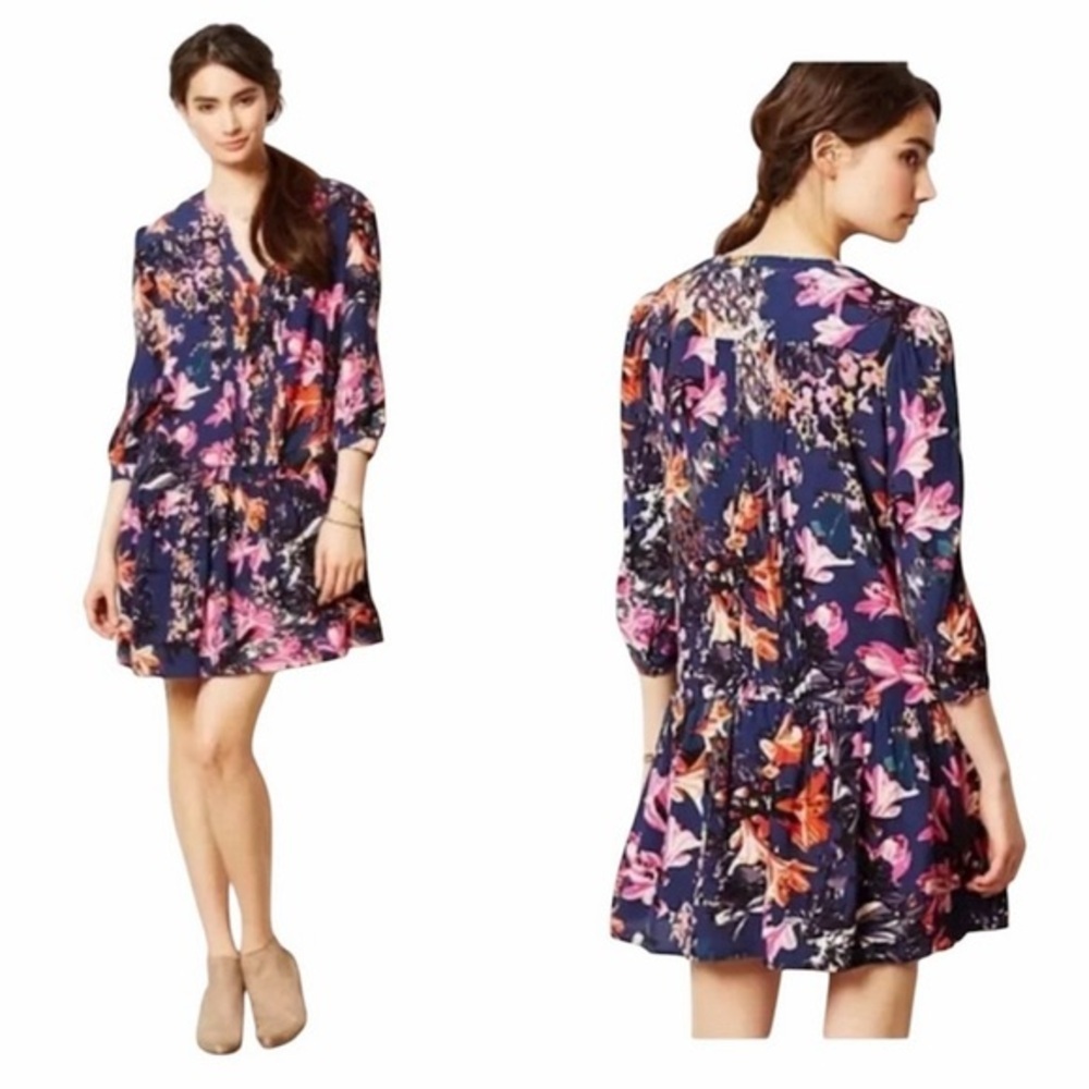 Anthropologie Maeve Navy and Pink‎ Floral Mini Dress (runs big )